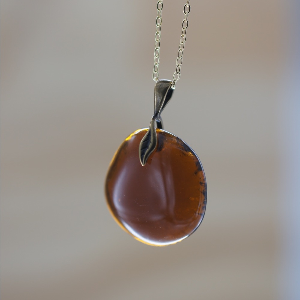 Brown Beer Bottle Glass Necklace Brass Leaf Gold Chain Unique Alcohol Seaglass
